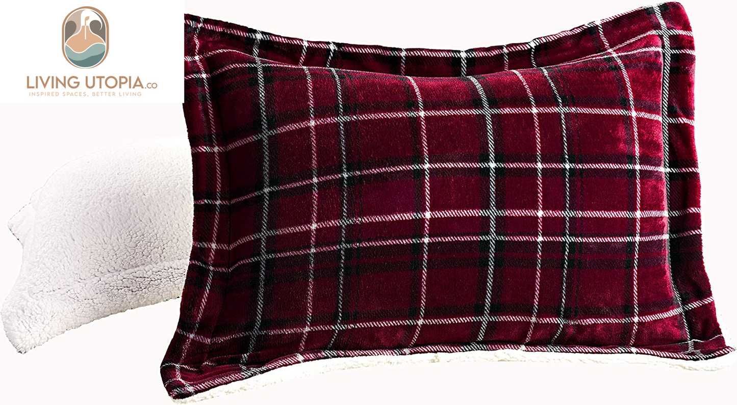 Softest, Coziest Heavy Weight Plaid Pattern Micromink Sherpa-Backing Premium Quality down down Alternative Micro-Suede 3-Piece Reversible Comforter Set, King/Cal King, Burgundy