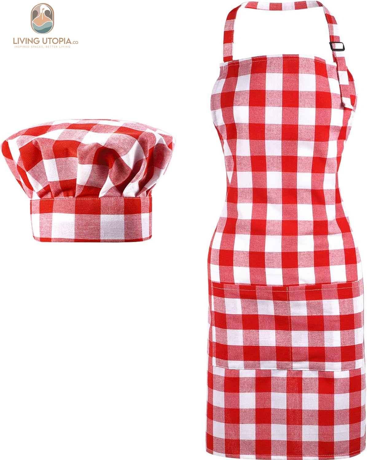 2 Pcs Chef Costume for Women Men Chef Hat Apron Set for Adult Baker Apron Hat for Cooking Cosplay(Red, White,Plaid Style)