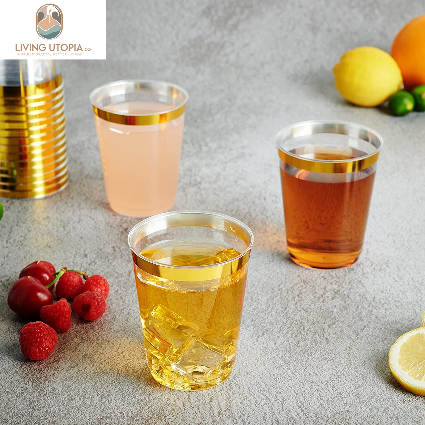 10 Oz Gold Plastic Cups, Disposable Clear Fancy Hard Plastic Cups, Gold Rimmed, Heavy Duty, Reusable,100 Count