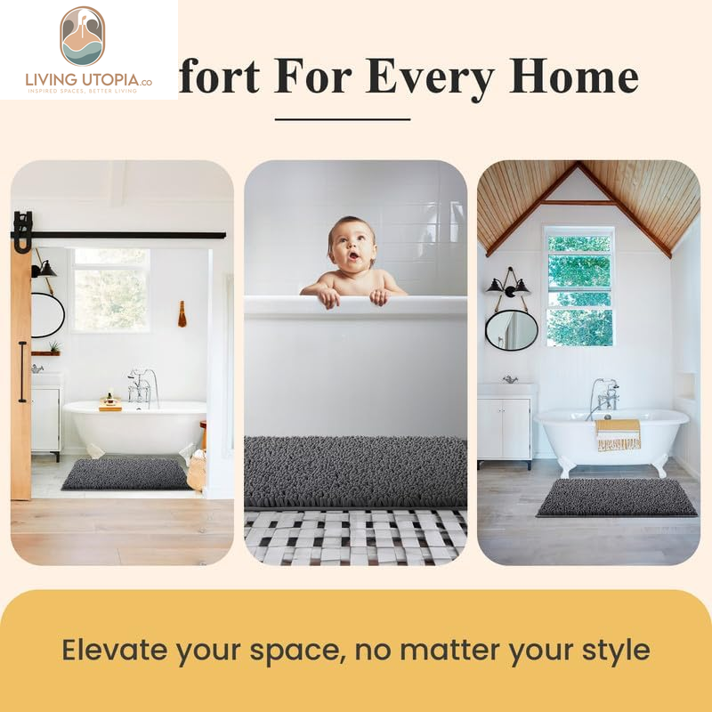Plush Shaggy Chenille Bath Mat | Extra Soft, Super Absorbent, Non-Slip Bathroom Rug | Fluffy Microfiber, Area Rug Sets for Bathroom Floor, Kitchen, Living Room | 47"X27" | Charcoal Gray