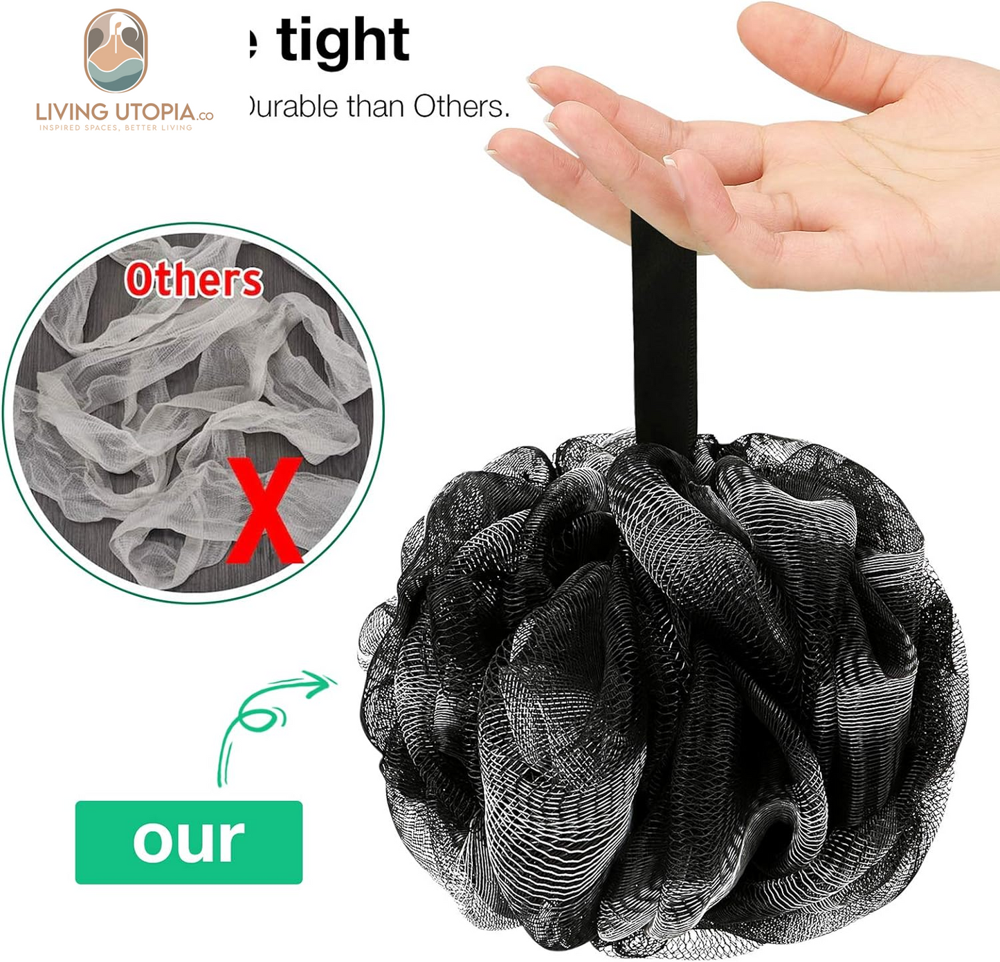 Bath Shower Loofah Sponge 60G Bath Mesh Pouf Shower Ball Body Scrubber Exfoliating Bath Sponge for Women and Men, Set of 4, Black