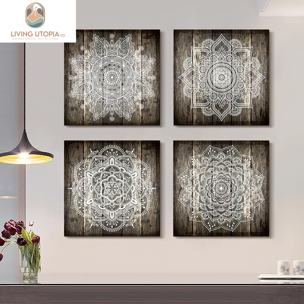 Canvas Wall Art for Bedroom Wall Decor for Living Room Black and White Abstract Paintings Modern 4 Piece Framed Retro Pattern Canvas Art Bathroom Prints Ready to Hang Pictures for Home Decorations