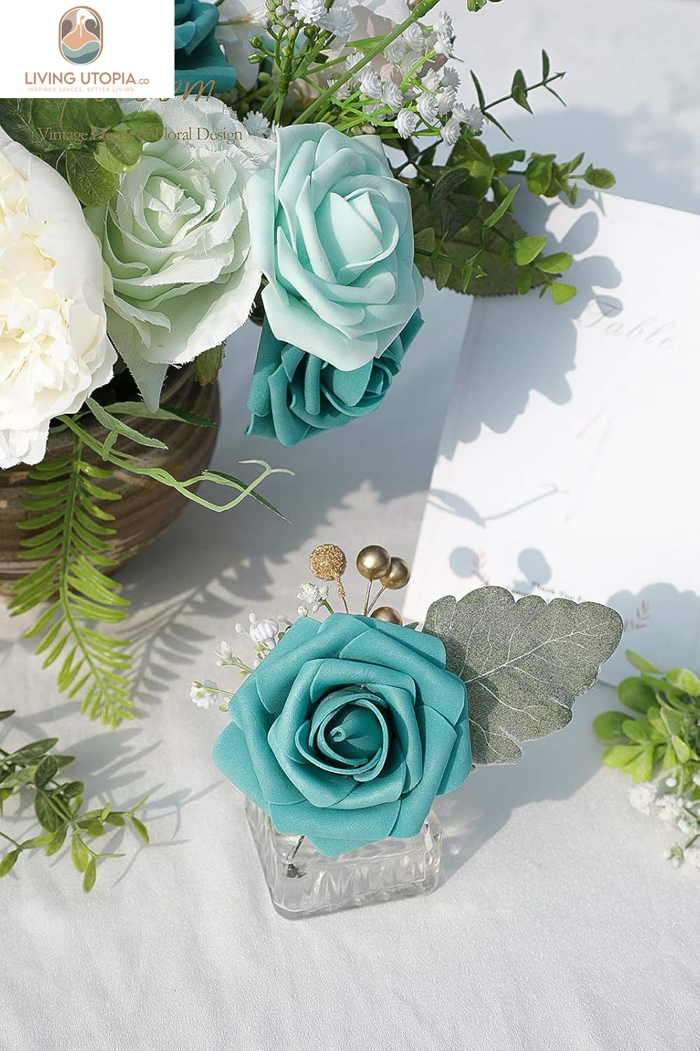 Artificial Flowers 50Pcs Real Looking Teal Green Foam Fake Roses with Stems for DIY Wedding Bouquets Bridal Shower Centerpieces Floral Arrangements Party Tables Home Decorations