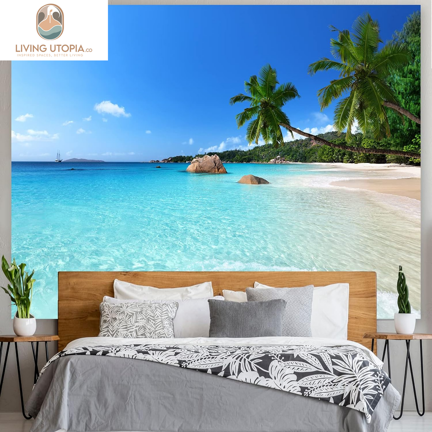 Tapestry, X-Large Beach Wall Hanging, Bohemian Palm Tree Tapestry, Ocean Beach Art, 70.8X92.5In, Home Decor, Lightweight Polyester