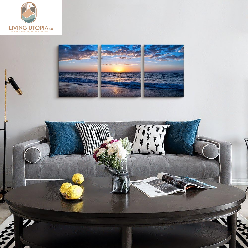 3 Piece Canvas Wall Art -Sunrise Blue Sea View Landscape - Modern Home Decor Room Stretched and Framed Ready to Hang - 12"X16"X3 Panels