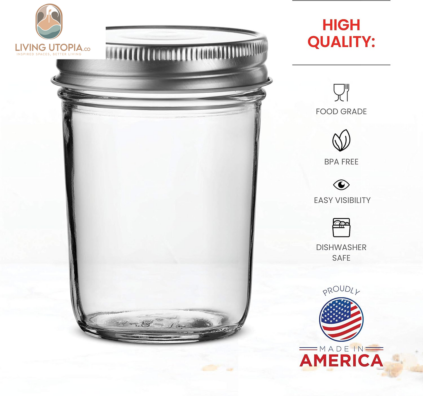 Glass Regular Mouth Mason Jars, 8 Oz Jars with Silver Metal Airtight Lids for Meal Prep, Dry Food Storage, Canning, Drinking, for Overnight Oats, Jelly, Spices, Salads, Yogurt (6 Pack)
