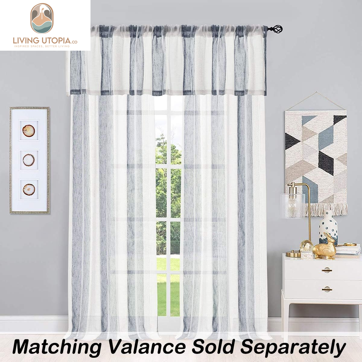 Sheer Navy Blue and White Stripe Farmhouse Curtains Boucle Linen Window Curtain Panel Pairs Yarn Dyed Woven 63 Inches Long for Living Room Bedroom 2 Pack Rod Pocket Rustic Living Panels