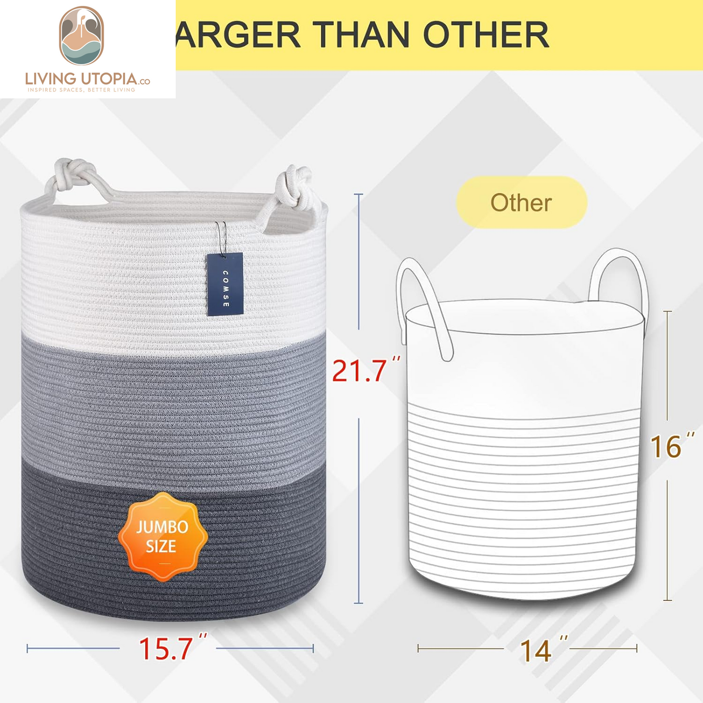 Laundry Hamper, Extra Large 15.7"X 21.7", Cotton Rope Basket, Portable, White & Light Gray & Dark Gray
