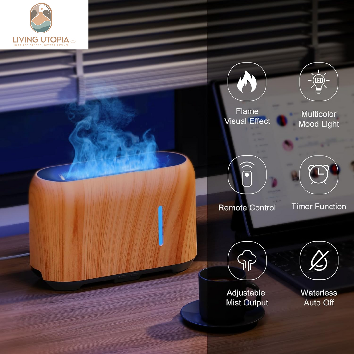Upgraded Flame Essential Oil Diffuser, Aromatherapy Air Diffuser with Remote Control, RGB Fire Cool Mist Scent Diffuser/Humidifier for Home Office with Timer, 2 Mist Modes, Auto Off-White Birch