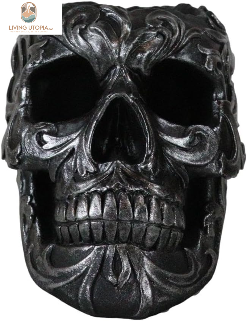 Set of 2 Tribal Tattoo Floral Skull Pen Holder Figurine 5.75" L Office Desktop Ossuary Skulls Decor Cranium Skeleton Head Stationery Holder as Halloween Macabre Graveyard Spooky Statue