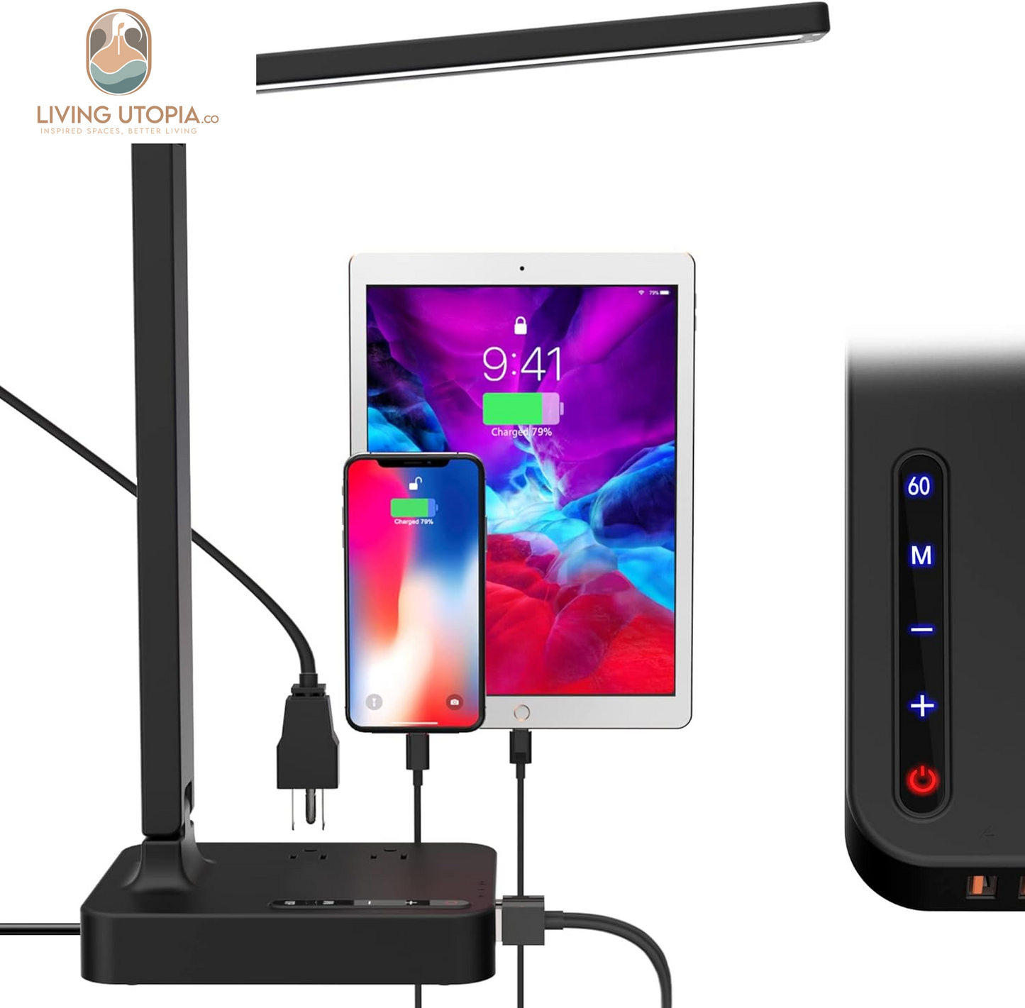 LED Desk Lamp with 3 USB Charging Ports,2 AC Outlet,3 Color Modes 3 Brightness Levels,Touch/Memory/Timer Function,Eye-Caring Home Office Foldable Natural Light Task Lamp for Reading,Study,Crafts