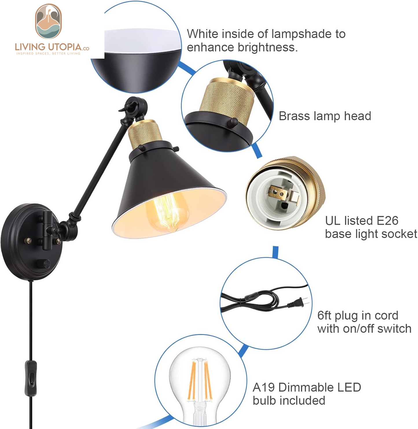 Wall Sconce Plug In, Dimmable Wall Sconce Wall Lights with Plug in Cord and Dimmer On/Off Knob Switch, Swing Arm Wall Light for Bedside Bedroom Stairway Living Room(1 Pack, 1 Bulb Included)