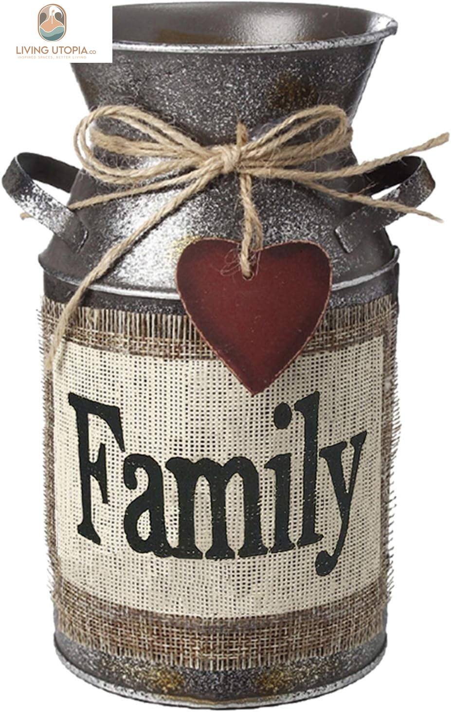 7.5" High Rustic Decorative Vase with Greetings and Rope Design, Metal Milk Can Country Jug for Living Room, Bedroom, Kitchen(Family)
