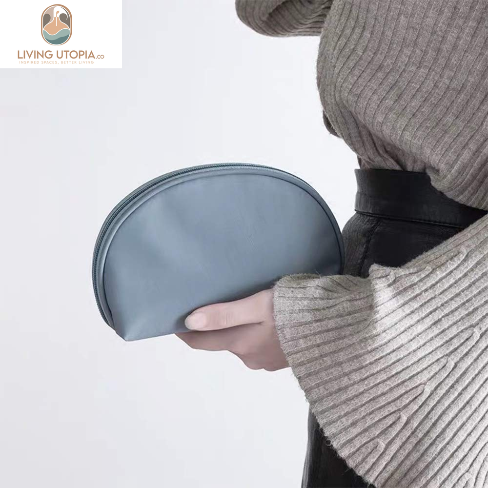 Half Moon Cosmetic Beauty Bag for Purse Travel Handy Makeup Pouch for Women Girls (Grey-Blue)