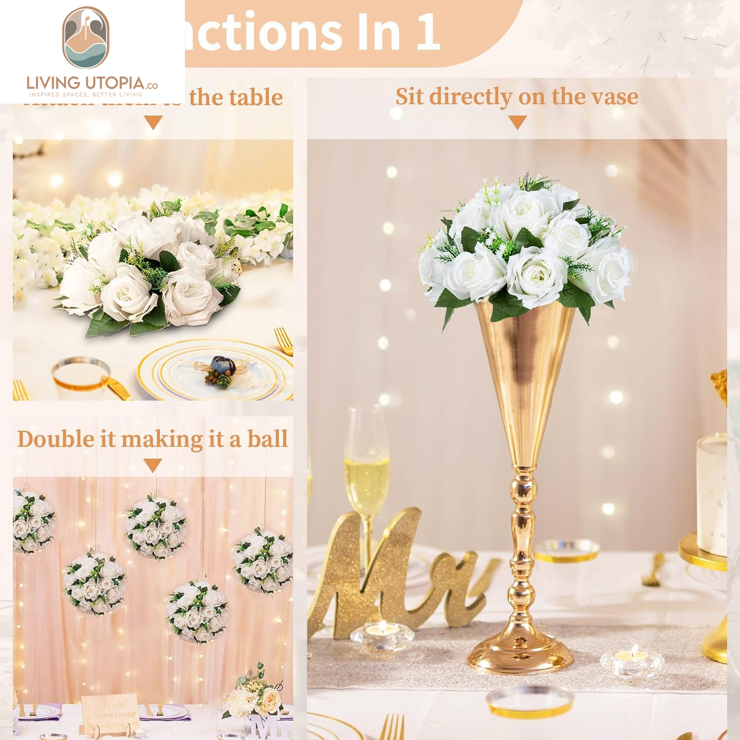 Pcs of 2 Fake Flower Ball Arrangement Bouquet,15 Heads Plastic Roses with Base, Suitable for Our Store'S Wedding Centerpiece Flower Rack for Parties Valentine'S Day Home Décor (Pure White)