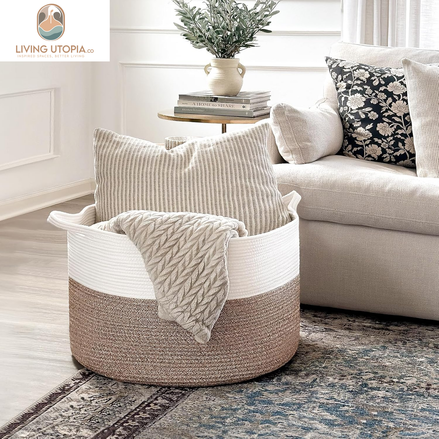Xxxlarge Cotton Rope Basket 21.7" X 21.7" X 13.8" Woven Baby Laundry Blanket Basket Toy Basket with Handle Storage Comforter Cushions Thread Laundry Hamper White & Brown