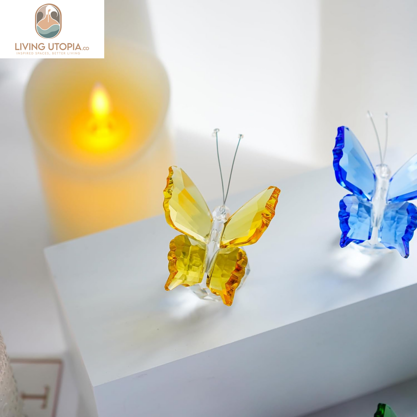 Crystal Flying Butterfly with Crystal Ball Base Figurine Collection Cut Glass Ornament Statue Animal Collectible (Yellow)