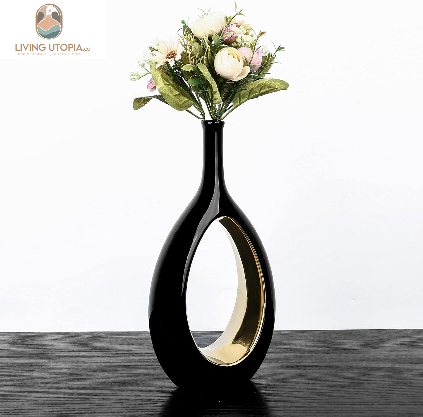 Samawi Black and Gold Vase Set of 2 Ceramic Vase for Home Decor Flower Vase Decorative Vases Modern and round Vase for Pampras Grass …