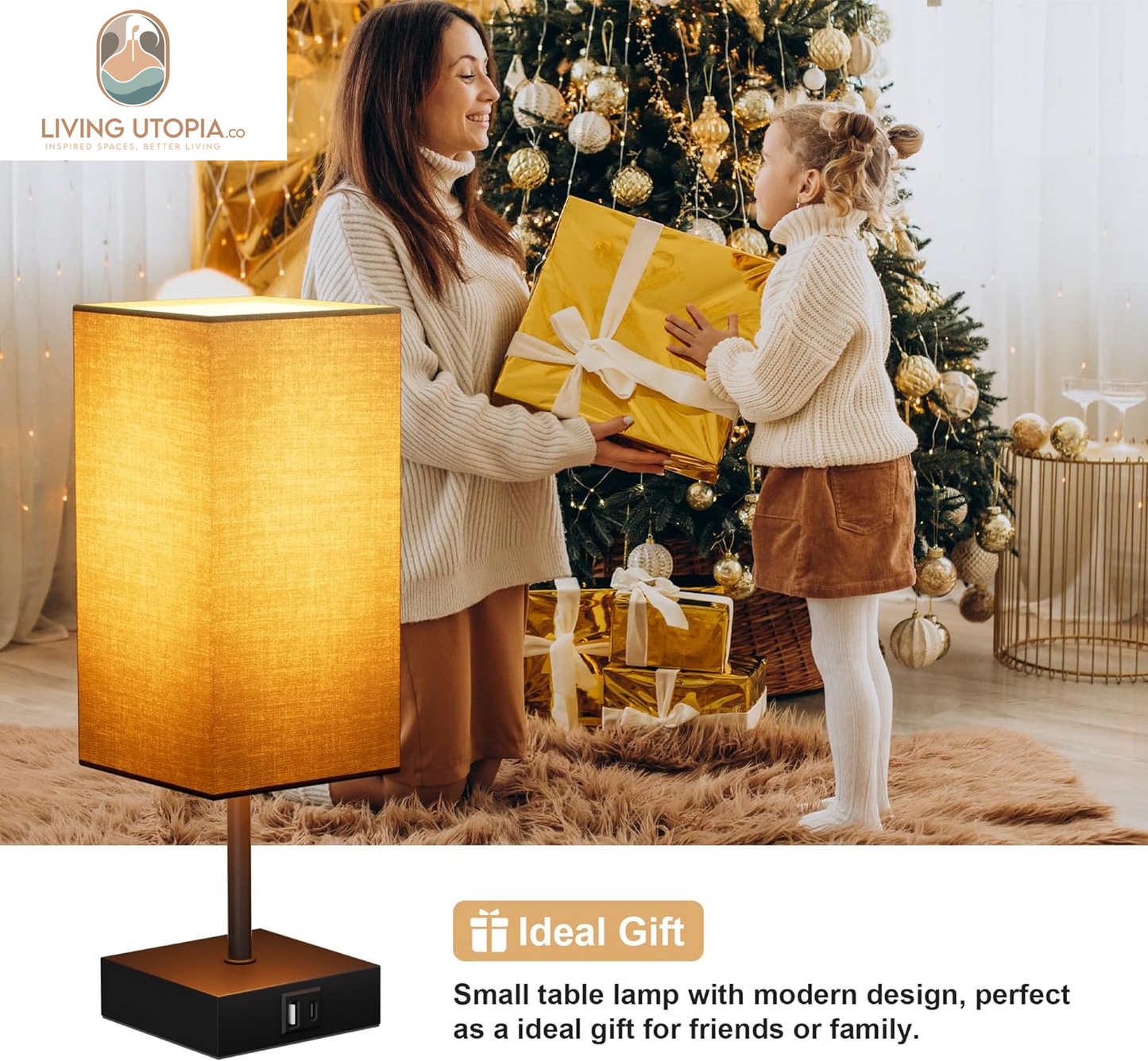 Table Lamp with USB C USB a Port,Square Touch Lamp for Bedroom with 3 Way Dimmable 2700K Warm Light, Beige Fabric Lamp Shade Small Lamp for Night Stand LED Bulb Included