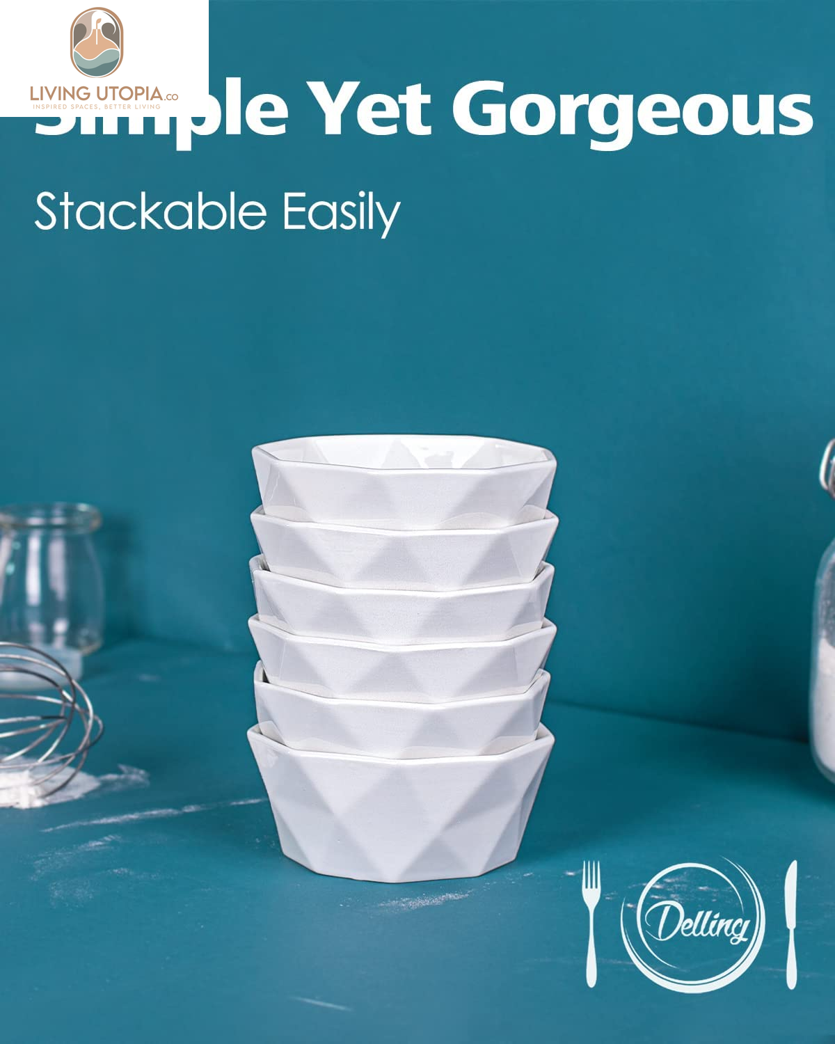 6 Oz Porcelain Ramekins/Dessert Bowls - Geometric Ramekins Souffle Dishes - White Snack/Ramekins/Creme Brulee Dish Set for Baking, Dessert, Ice Cream - Ramekins Oven Safe Set of 6