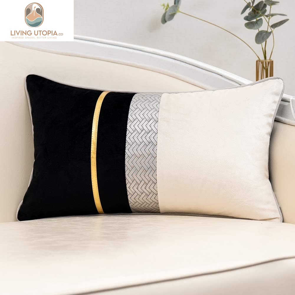 Black Patchwork Velvet Lumbar Pillow Cover with Gold Striped Leather Cushion Case Modern Luxury Pillowcase for Sofa Couch Bedroom Living Room Home Decor,12"X20"