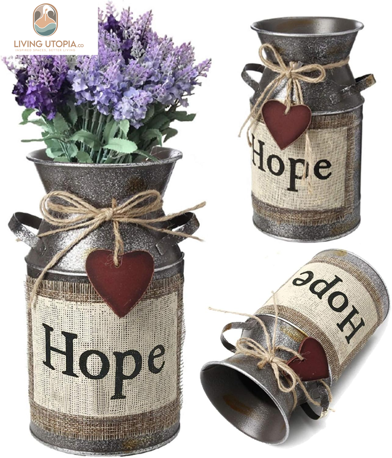 7.5" High Rustic Decorative Vase with Greetings and Rope Design, Metal Milk Can Country Jug for Living Room, Bedroom, Kitchen(Hope)