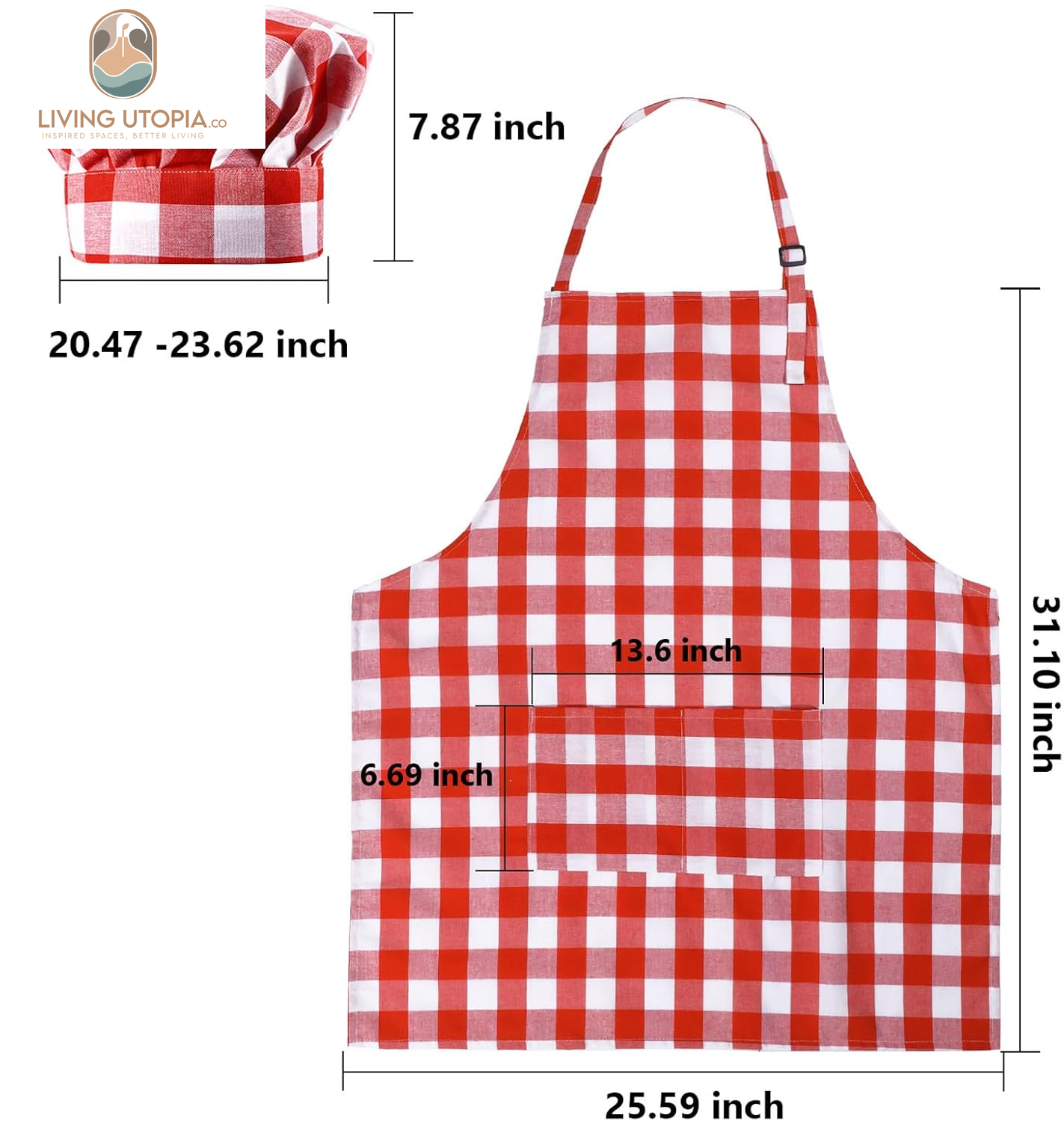 2 Pcs Chef Costume for Women Men Chef Hat Apron Set for Adult Baker Apron Hat for Cooking Cosplay(Red, White,Plaid Style)