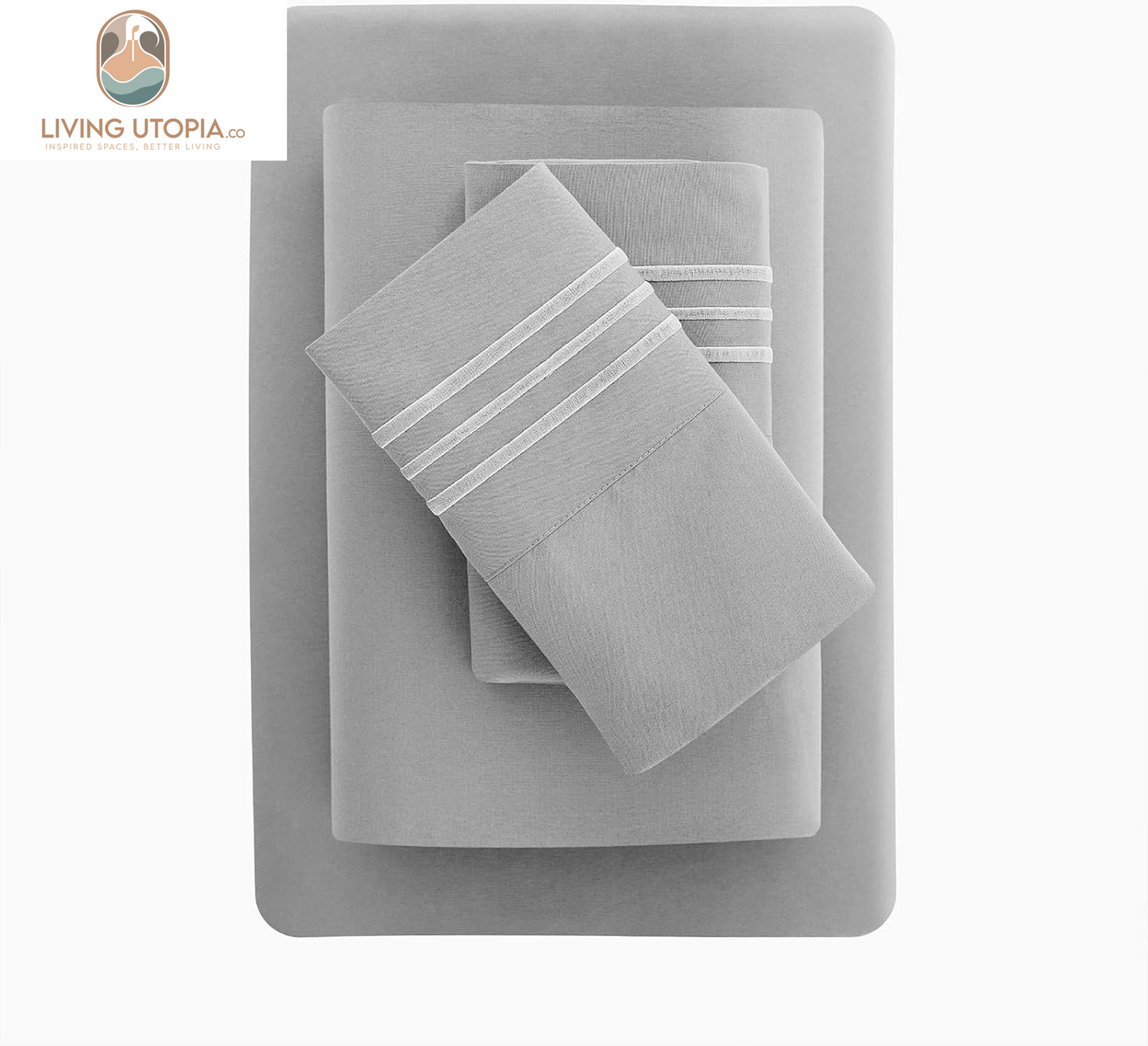 Full Bed Sheets Set 1800 Series 4-Piece Embroidered Double Brushed Microfiber Sheets 16" Deep Pocket Hotel Soft Luxury Bedding Sheet Set, Wrinkle Resistant, Light Grey/Gray