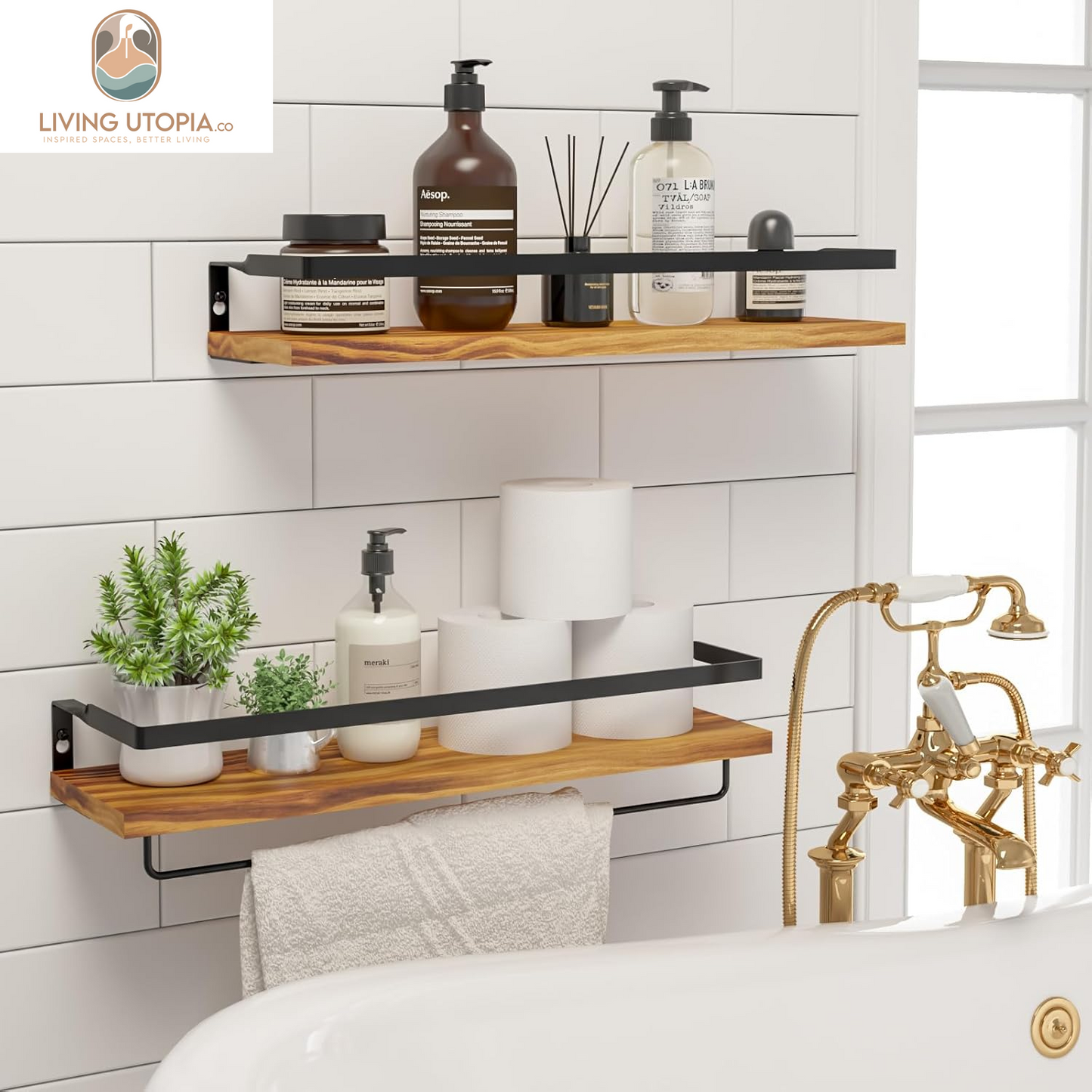 Floating Shelves for Wall, Bathroom Shelves with Towel Bar, Wall Mounted Storage Shelves for Kitchen, Bathroom, Set of 2 Carbonized Black