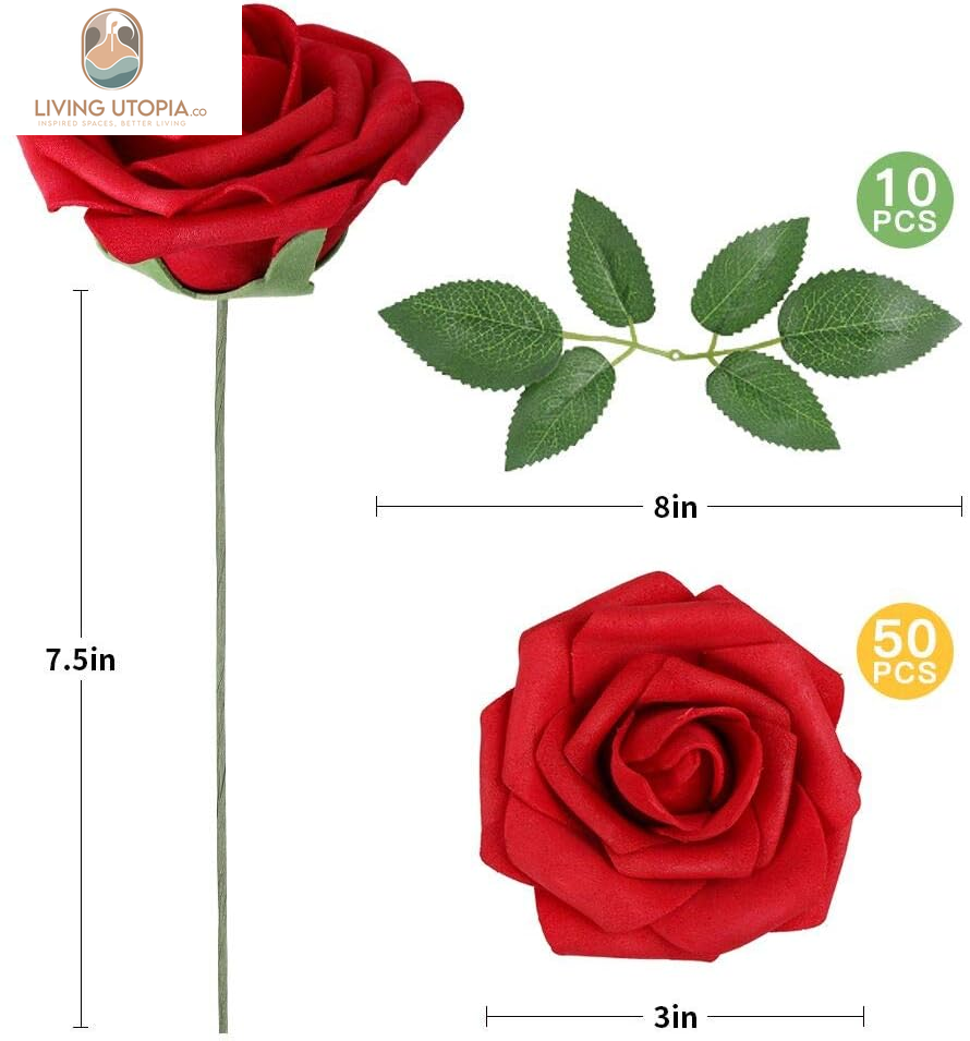 Artificial Flowers Dark Red Rose 50Pcs Real Looking Fake Roses W/Stem for DIY Wedding Bouquets Centerpieces Arrangements Party Baby Shower Home Decorations