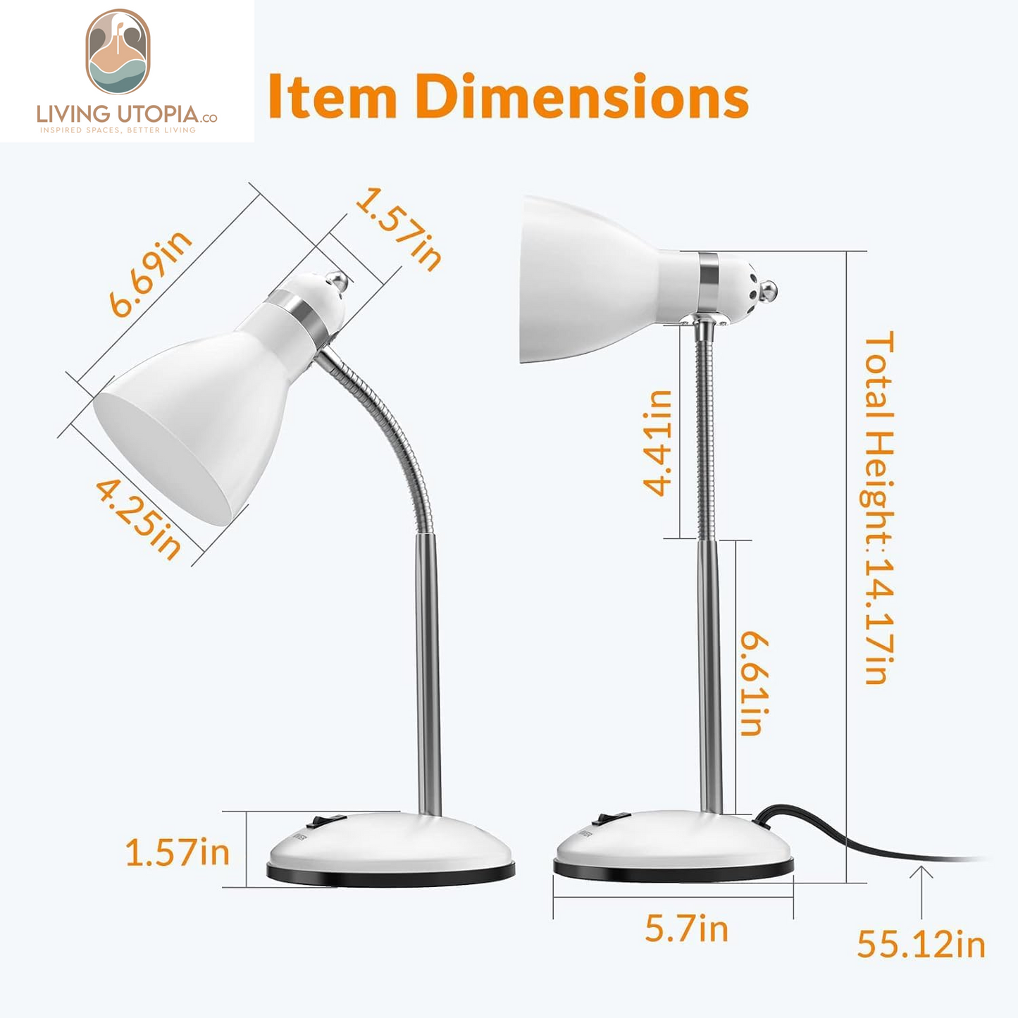 Metal Desk Lamp, Adjustable Goose Neck Table Lamp, Eye-Caring Study Desk Lamps for Bedroom, Study Room and Office (White)