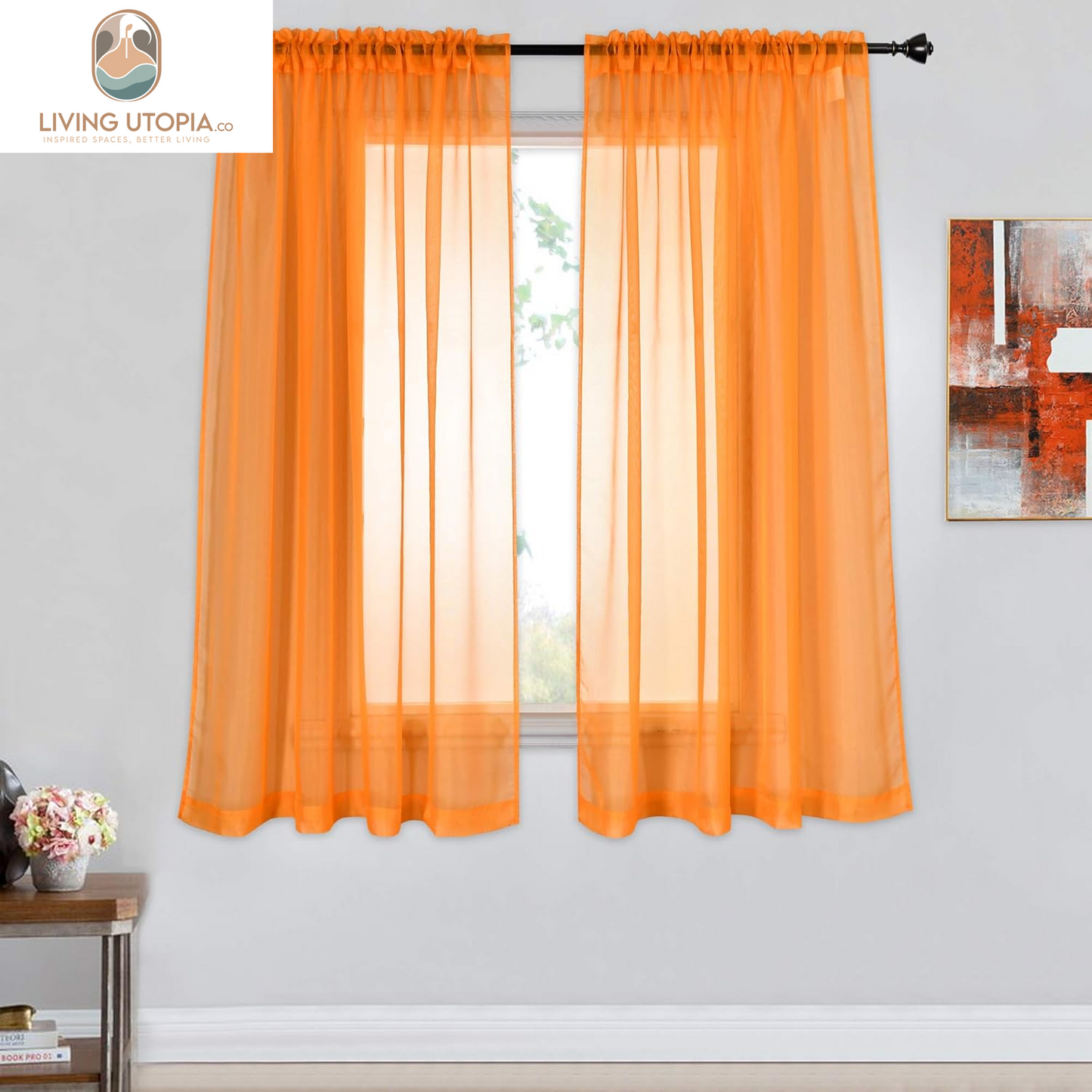 2 Panels Solid Color Orange Sheer Curtains Elegant Rod Pocket Window Voile Panels Drapes for Bedroom Living Room (52X63 Inches)