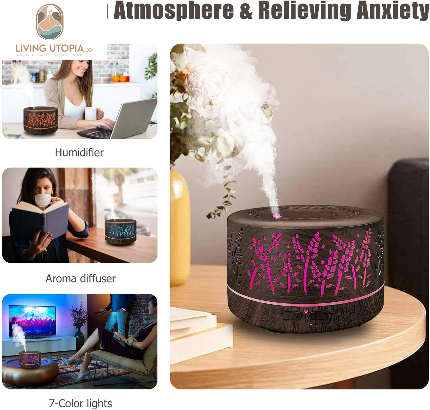 Diffusers for Essential Oils Large Room 600Ml,Essential Oil Diffusers for Home with R/C,Cool Mist Humidifier,7 Colors Lights & 3 Mist Mode Waterless Auto off for Office