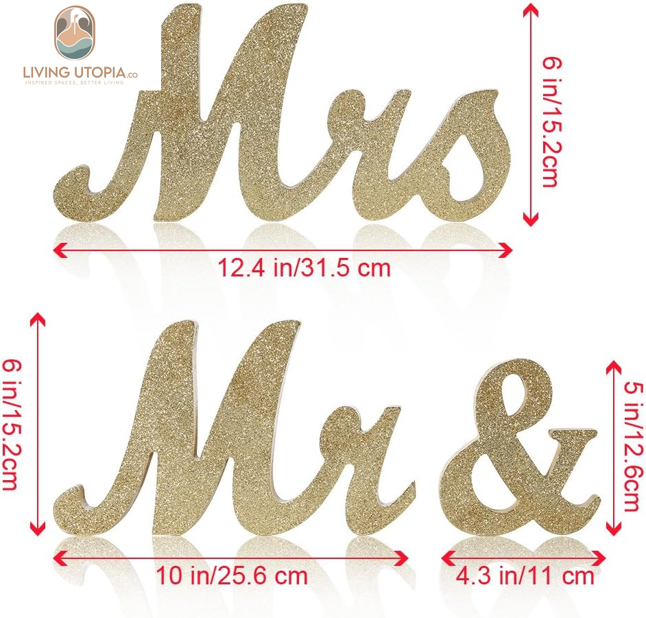 Mr and Mrs Signs Wedding Sweetheart Table Decorations Glitter Wooden Freestanding Letters for Photo Props, Rustic Wedding Decoration, Anniversary Wedding Shower Gift (Golden)