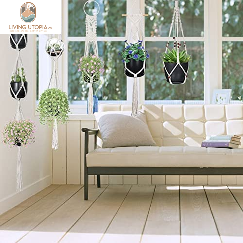 Macrame Plant Hangers, Hanging Planters Set of 5 with 5 Hooks, Hanging Planters for Indoor and Outdoor Plant Décor, Different Tier (5 Sizes) Beige