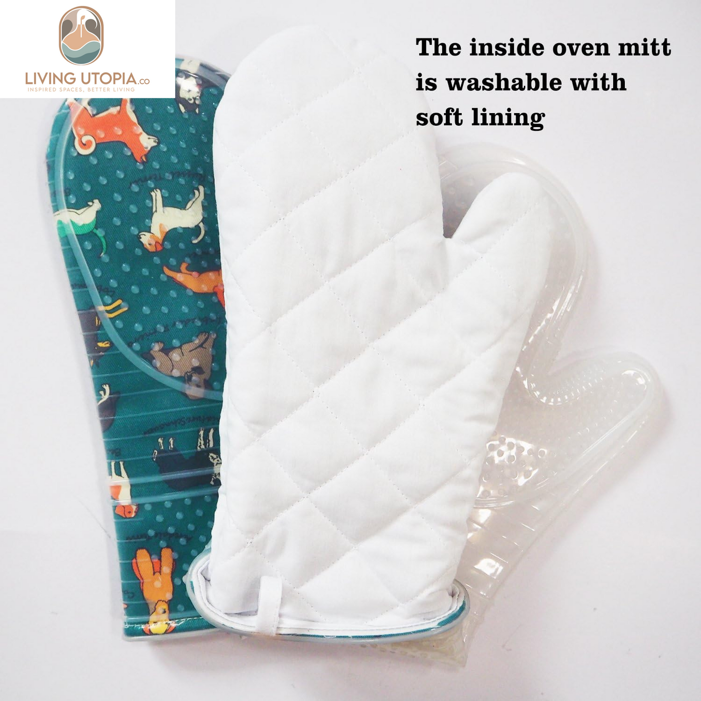 Oven Mitts Set of 2 with Transparent Clear Silicone Shell and Nice Dog Printing Cotton Lining, Heat Resistant to 500 F Kitchen Oven Gloves Pot Holder for Cooking (Blue)