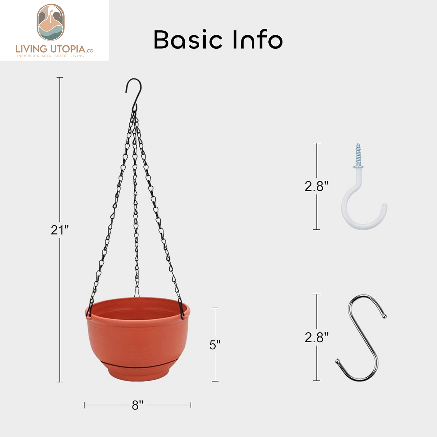 2 Packs 8 Inch Plastic Hanging Planter Pot Self Watering Basket with 6 Pcs Hooks, Indoor Outdoor Plants Flower Pot Detachable Base for Garden Home Decoration (Terracotta Color)