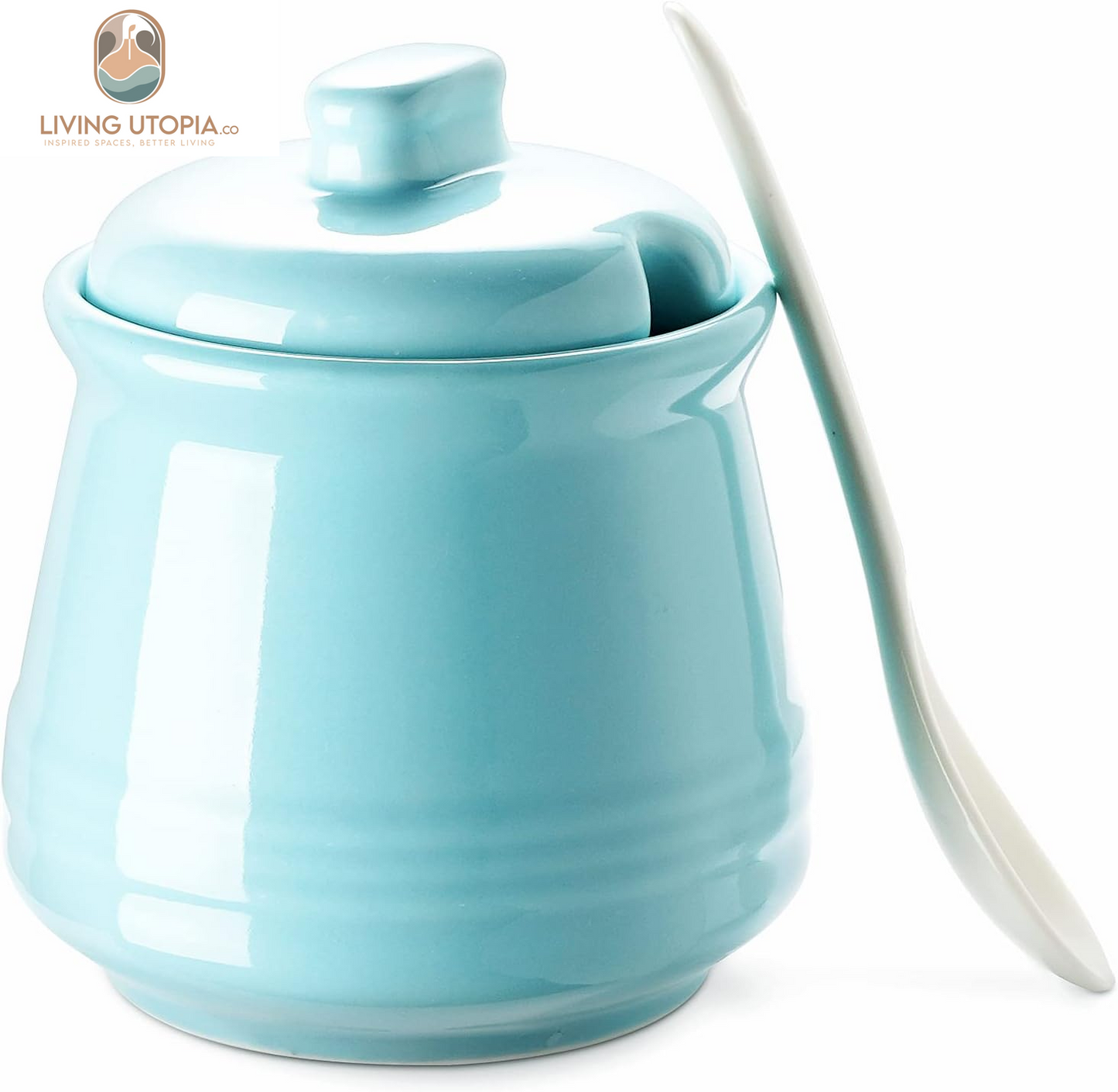 Sugar Bowl with Lid and Spoon,12Oz Ceramic Sugar Holder for Coffee Bar, Countertop, Sugar and Creamer Bowl, Kitchen Accessories and Decor, Teal