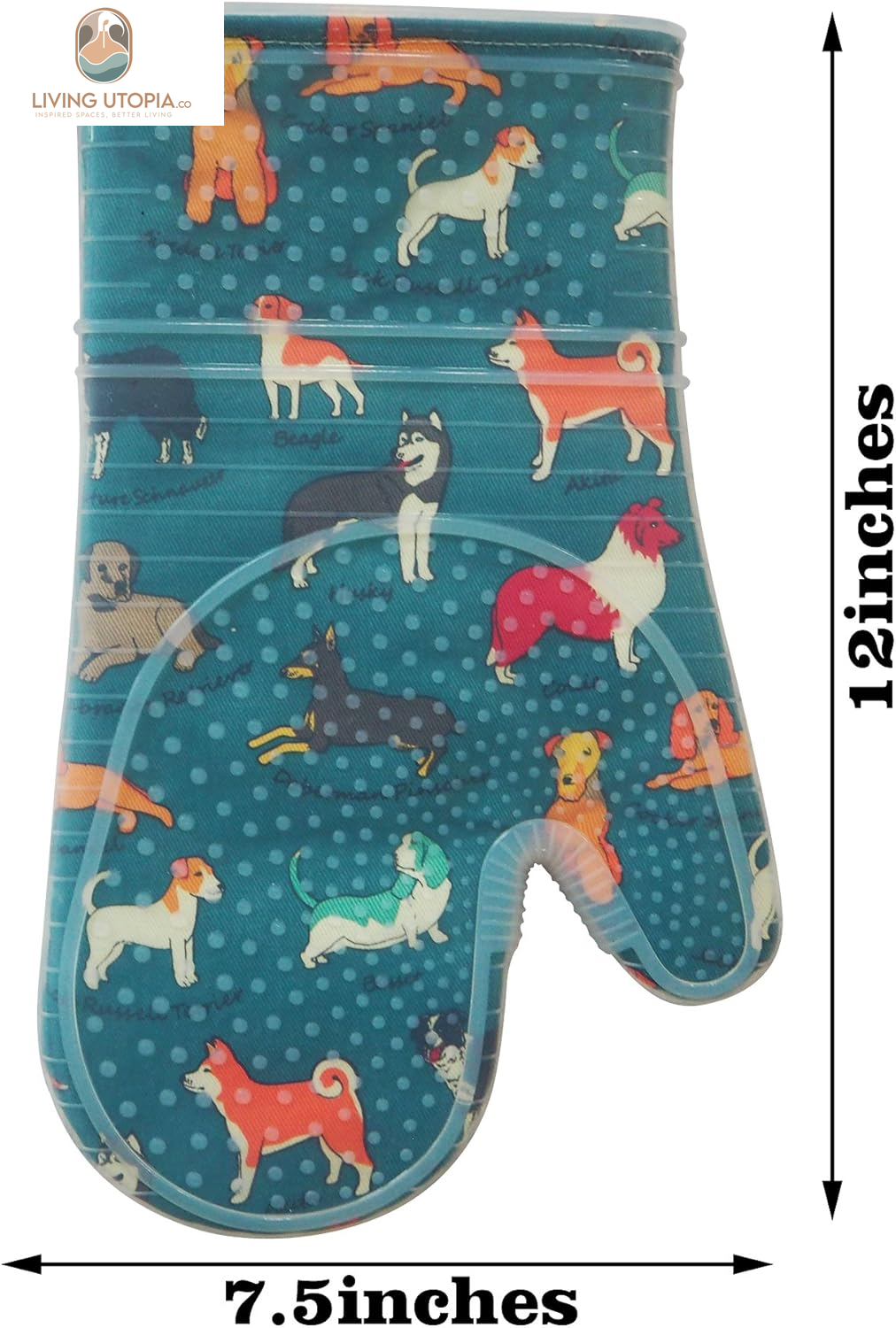 Oven Mitts Set of 2 with Transparent Clear Silicone Shell and Nice Dog Printing Cotton Lining, Heat Resistant to 500 F Kitchen Oven Gloves Pot Holder for Cooking (Blue)