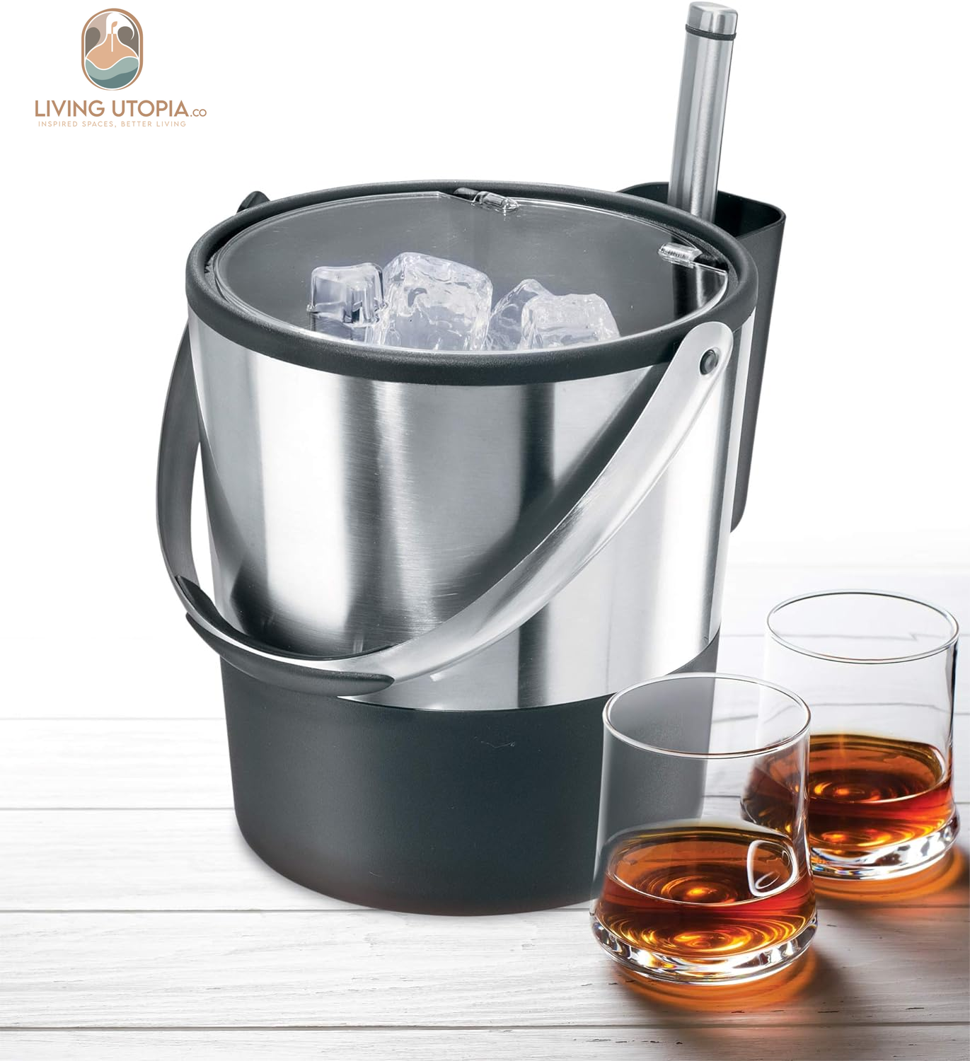 Insulated Ice Bucket, 4 Quart / 3.8 L, Stainless Steel, Black.