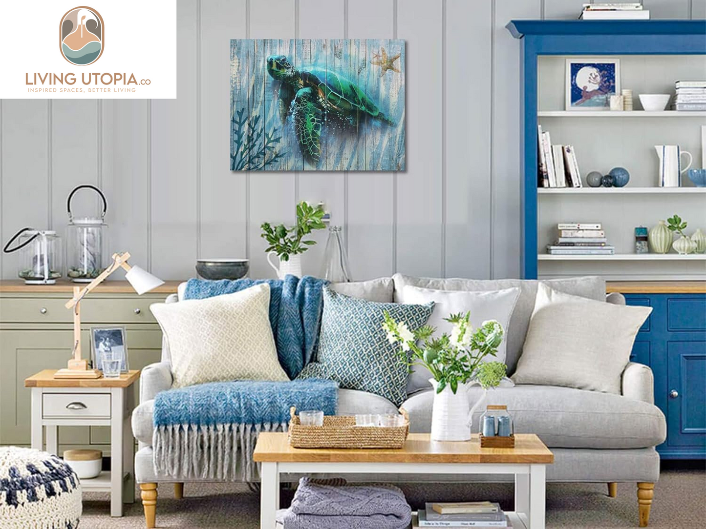Bathroom Decor Blue Wall Art Canvas Green Sea Turtle Teal Submarine Picture, Blue Modern Landscape Painting Framed for Living Room Bedroom Home Office Wall Decor, 16"X12"