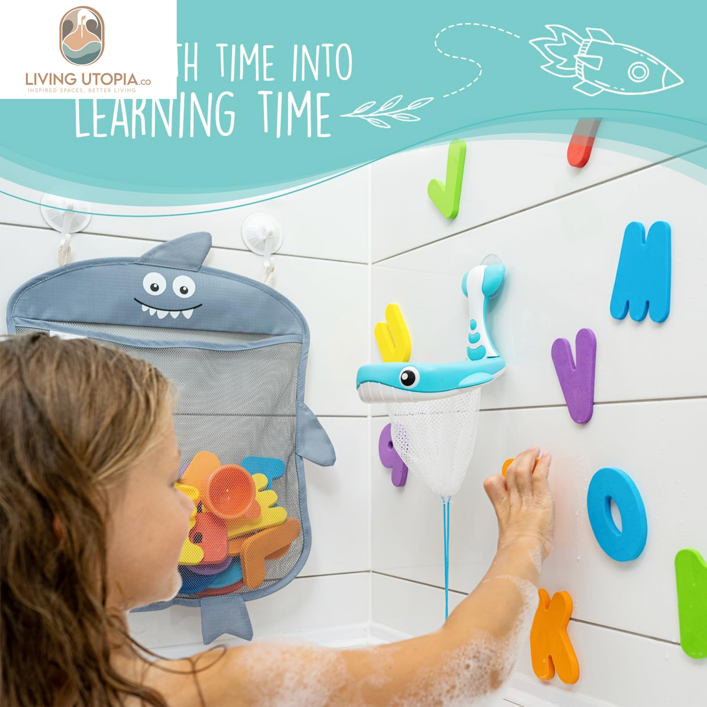 Baby Bath Toy Organizer - Shark +36 Bath Letters & Numbers +Extra Bath Toy Storage Net & 10 Strong Hooks, Great Bath Net for Kids, Cute Bathtub Toy Organizer and Bath/Shower Caddy Solution