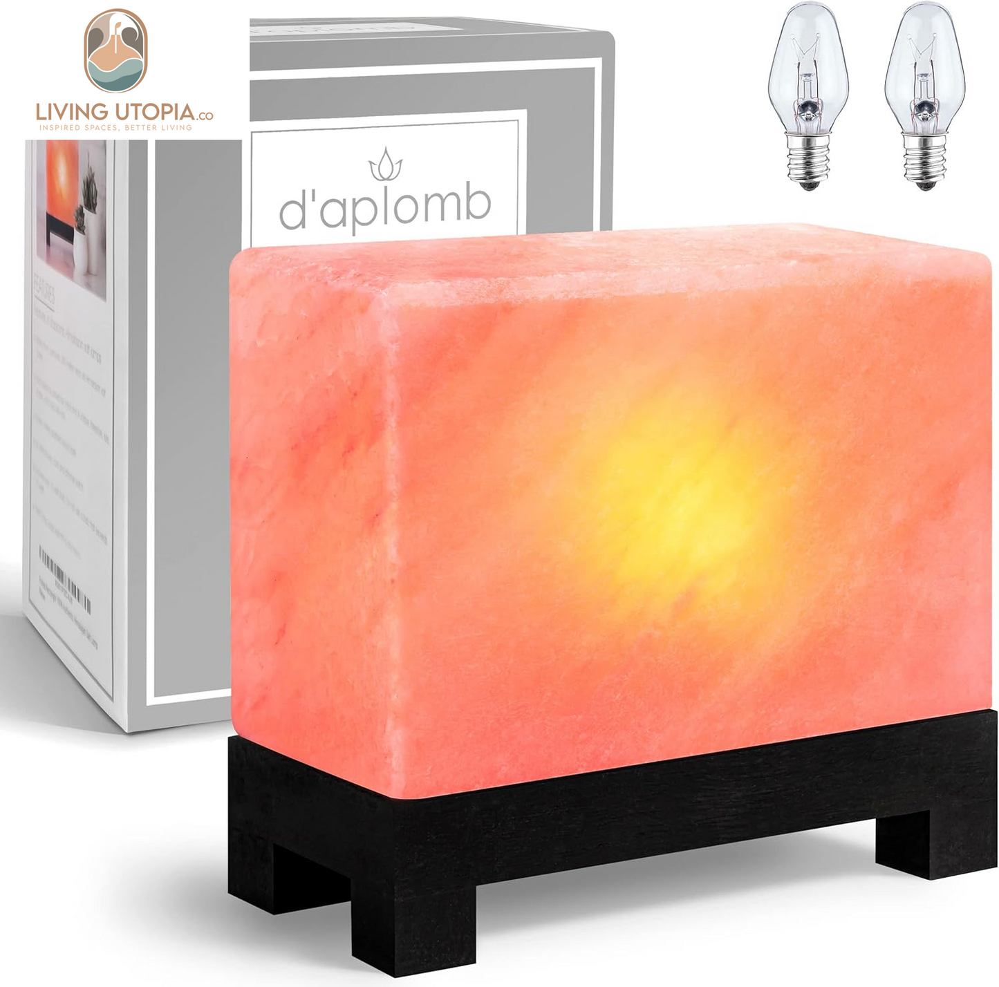100% Authentic Natural Himalayan Salt Lamp;Hand-Carved Modern Rectangle Rare Pink Crystal Rock Salt from the Himalayan Mountain; Footed Wood Base, Dimmer Cord; 11.5 Lbs