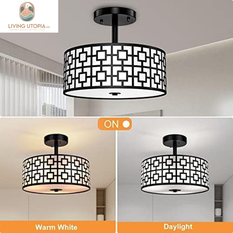 DLLT Flush Mount Ceiling Light: Modern 3-Light Semi Flush Mount Ceiling Light Fixture - Drum Kitchen Lighting Fixture for Dining Room - Black Bedroom Ceiling Lamp with Double Shade