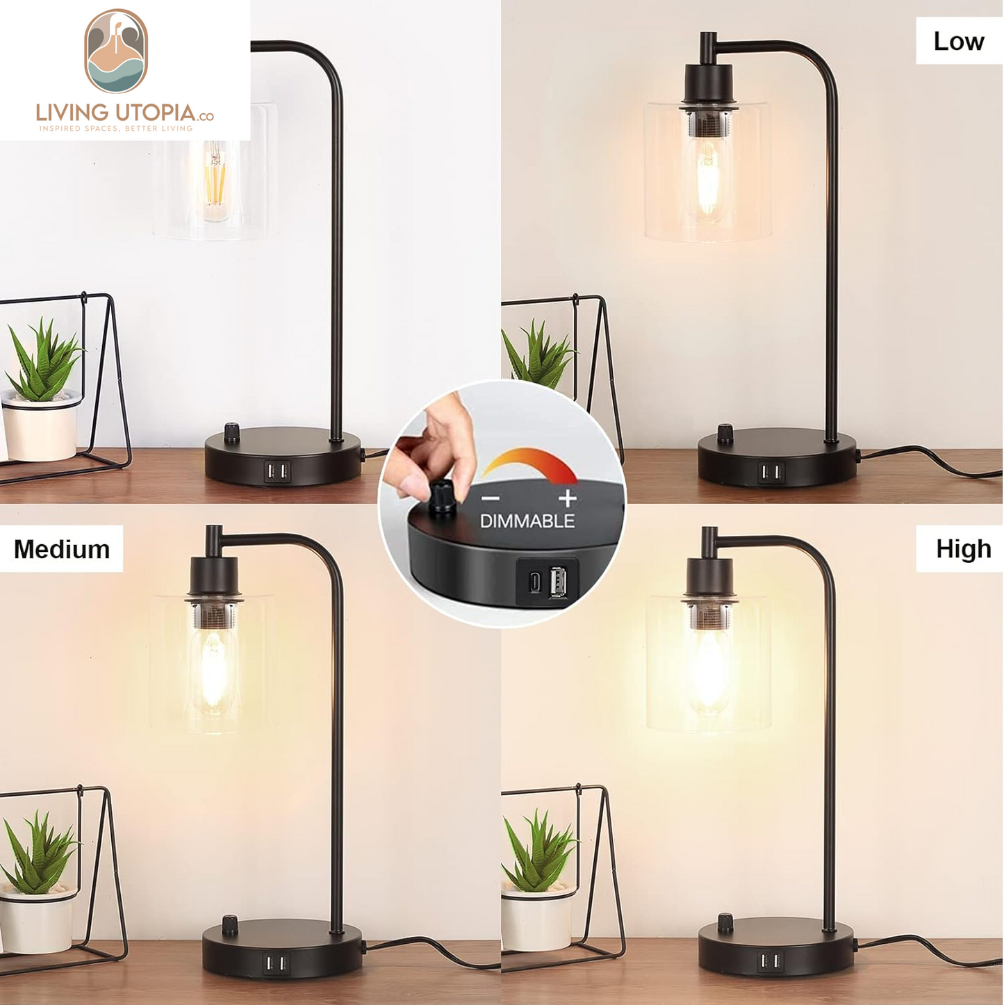 Industrial Table Lamp with 2 USB Charging Ports, Fully Stepless Dimmable Modern Nightstand Lamp, Glass Shade Bedside Desk Lamp for Bedroom Living Room Office, 6W 2700K LED Edison Bulb Included