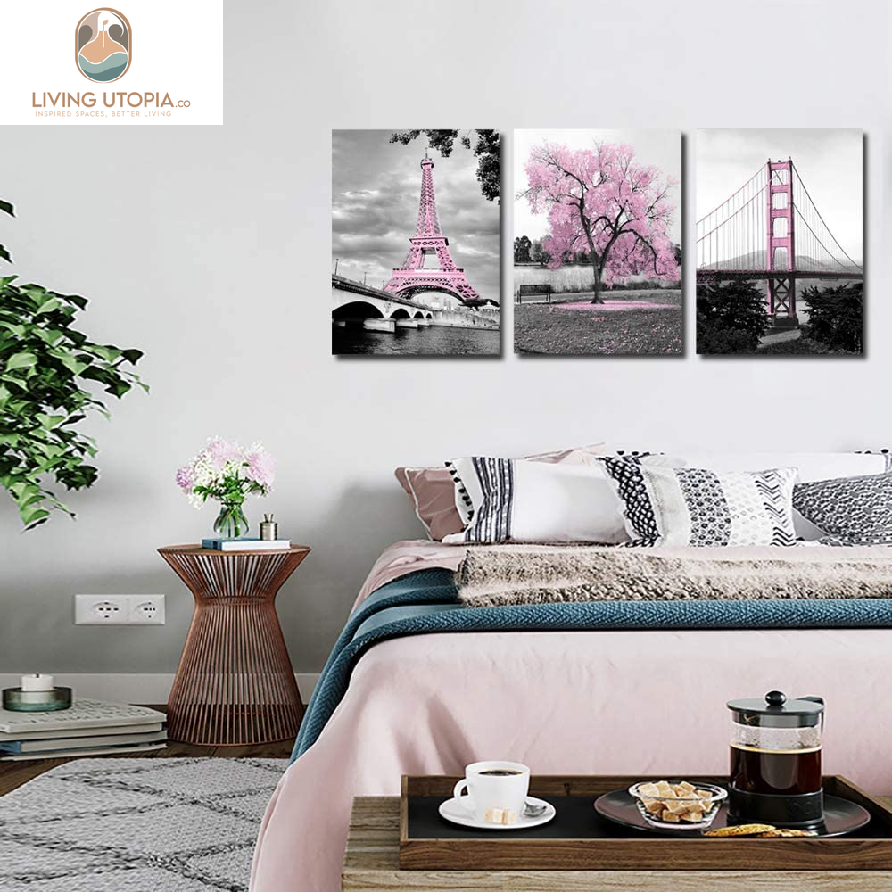 Wall Art for Bedroom Pink Tree Paris Eiffel Tower Golden Gate Bridge Romantic Black and White City Poster Bathroom Pictures Prints on Canvas for Living Room Decor
