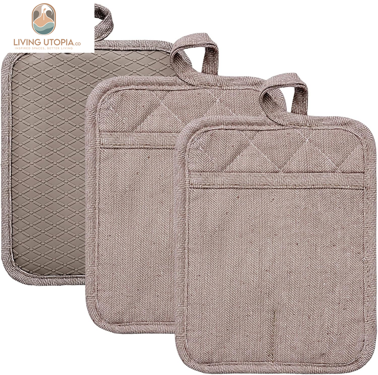Pot Holders Yarn-Dyed Set of 3 Non Slip Silicone Kitchen Lines Heat Resistant 500℉ Kitchen Gloves BBQ Cooking Baking Cooking Barbecue Microwave Machine Washable (Khaki Pot Holders)