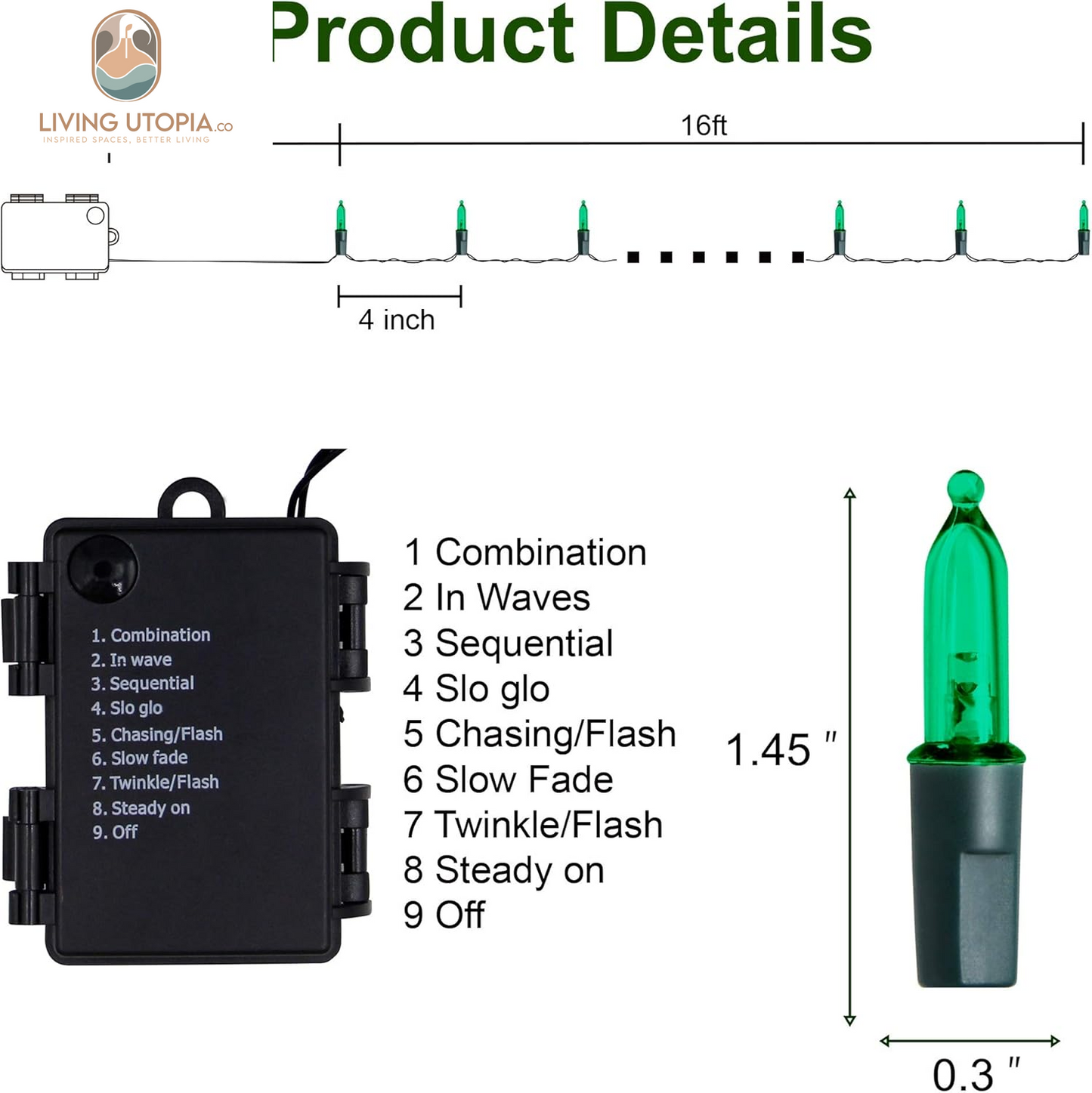 Green Battery Operated String Lights, St. Patrick'S Day Decoration, 16Ft Waterproof Tree Lights with 8 Lighting Modes, Outdoor Patio Garden Party Wedding Christmas