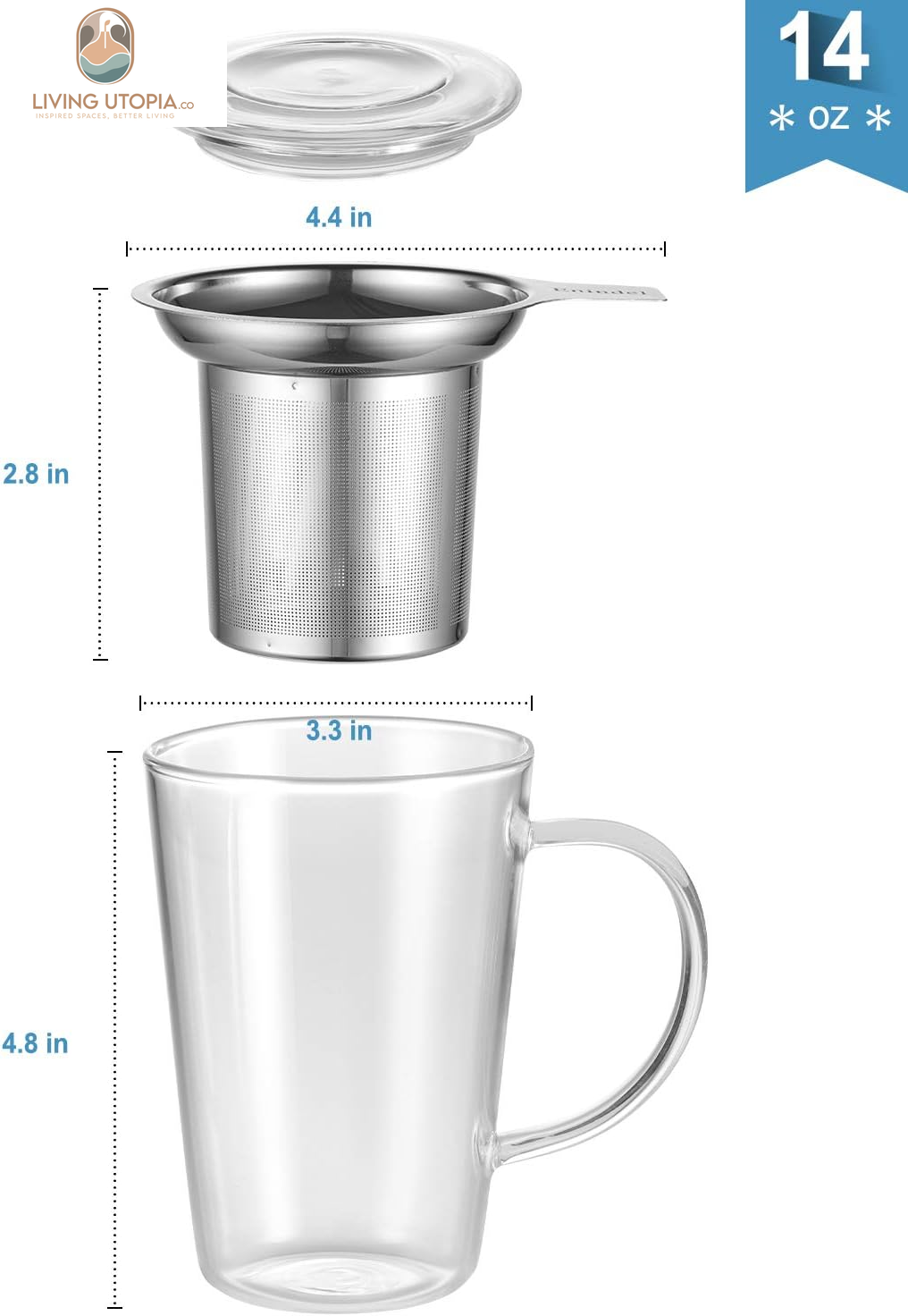 3020.01 Glass Tea Mug with Infuser and Lid, Tea Cup, Clear, 14 OZ, GM001
