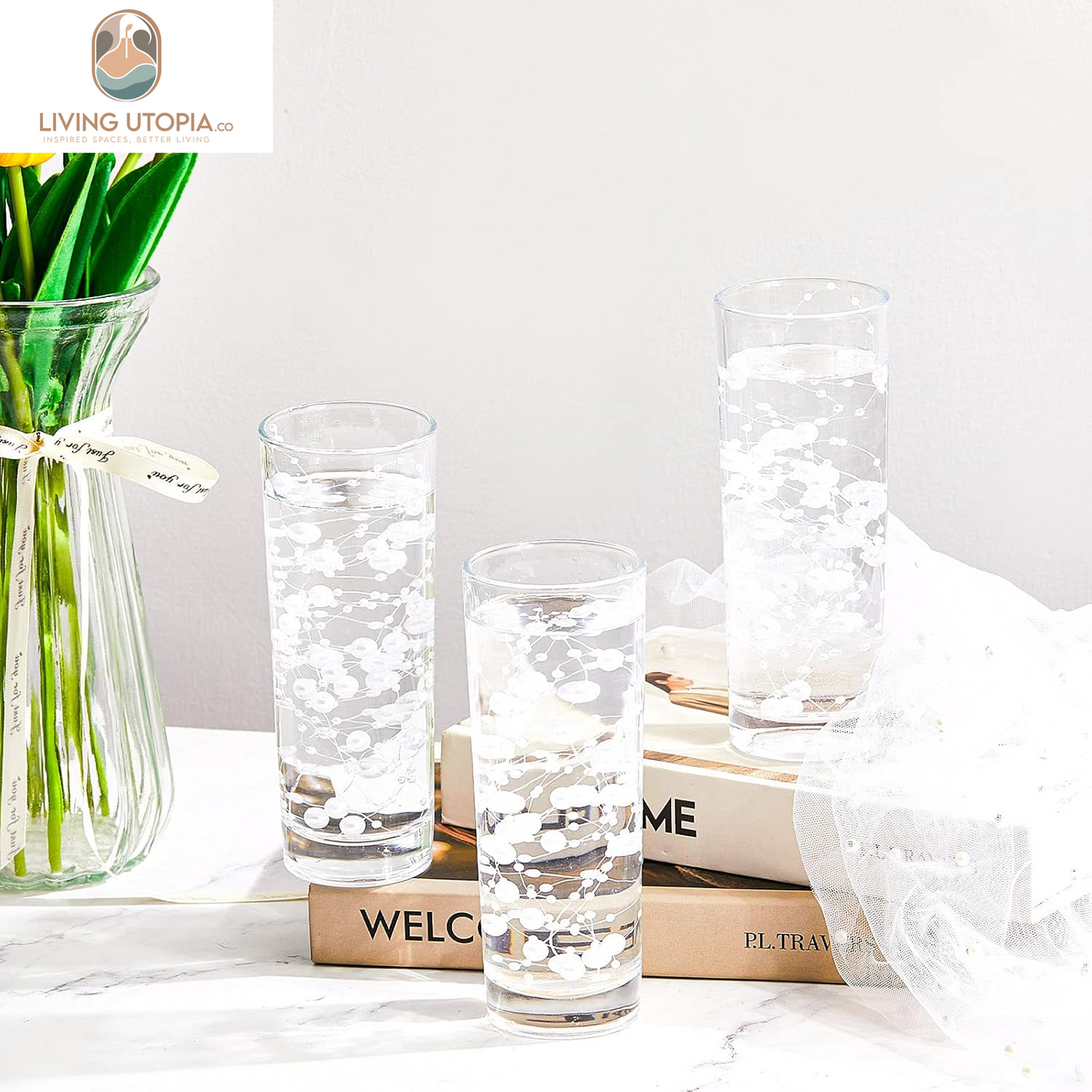 24 Pcs Artificial Pearl String for Floating Candle Faux Pearls Beads String Party Garland Decoration for Vases Filler Wedding Centerpiece Christmas Party Decor(White)